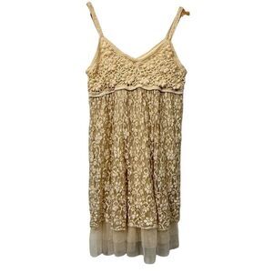 Crochet Sleeveless Lace Mini Slip Dress Ivory Tulle Hem Festival Boho Fairy